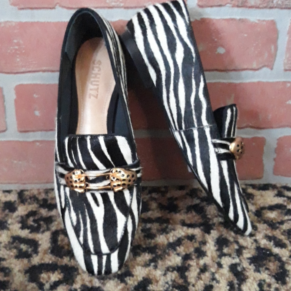 Schutz Zebra Animal Loafer Dylan Gold Paw Panther 6 Womens shoes new black white - Picture 8 of 11
